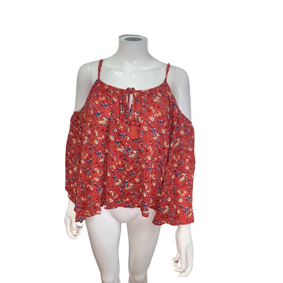 Socialite Red Floral print Off the shoulder Wide Sleeve Blouse M - Picture 2 of 6